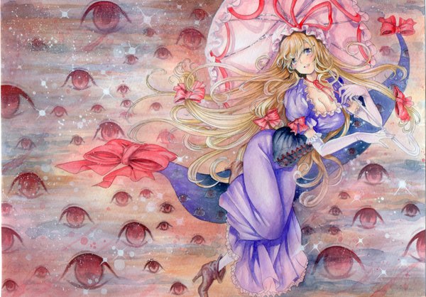 Anime picture 1500x1046 with touhou yakumo yukari mosho single long hair open mouth blonde hair purple eyes looking away cleavage traditional media eyes watercolor (medium) girl dress gloves bow hair bow elbow gloves white gloves
