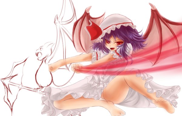 Anime picture 1600x1024 with touhou remilia scarlet short hair open mouth red eyes purple hair barefoot drawing girl dress wings bonnet