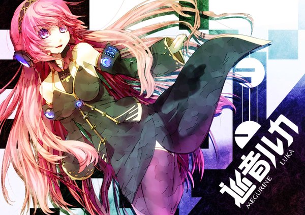 Anime picture 1440x1018 with vocaloid megurine luka mihane single long hair bare shoulders pink hair pink eyes inscription wallpaper hieroglyph girl thighhighs detached sleeves headphones