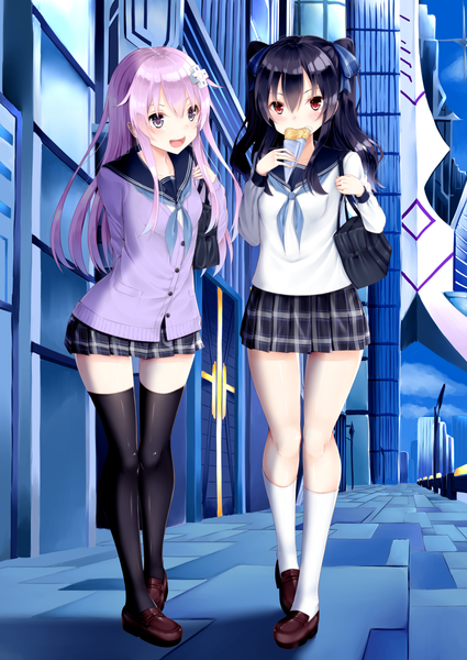 Anime picture 1920x2711 with choujigen game neptune nepgear uni (choujigen game neptune) shikapiro long hair tall image looking at viewer blush fringe highres open mouth black hair hair between eyes red eyes standing purple eyes twintails multiple girls holding looking away