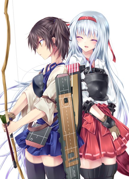 Anime picture 589x818 with kantai collection kaga aircraft carrier shoukaku aircraft carrier tetsu tissue long hair tall image blush short hair open mouth black hair multiple girls brown eyes white hair eyes closed girl weapon 2 girls hairband bow (weapon)