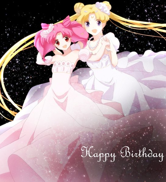 Anime picture 1000x1100 with bishoujo senshi sailor moon toei animation princess serenity princess usagi small lady tall image looking at viewer open mouth blue eyes blonde hair red eyes purple eyes twintails multiple girls pink hair hair bun (hair buns) holding hands short twintails happy space girl