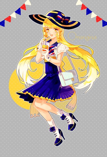 Anime picture 1500x2196 with original orangina platina77 single long hair tall image looking at viewer blush open mouth blonde hair yellow eyes girl dress bow hat shoes bag drink string of flags