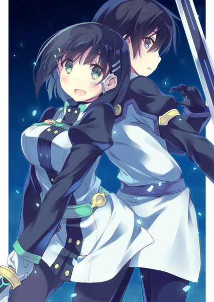 Anime picture 826x1162 with sword art online a-1 pictures kirigaya kazuto kirigaya suguha furumiya haiji tall image looking at viewer blush short hair breasts open mouth blue eyes black hair large breasts holding green eyes parted lips :d looking back puffy sleeves