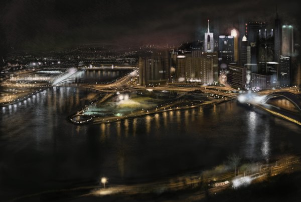 Anime picture 1400x942 with original adoc (artist) night city cityscape city lights panorama water bridge