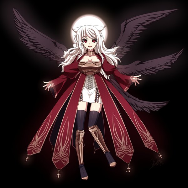 Anime picture 1440x1440 with original konshin single long hair looking at viewer breasts open mouth simple background red eyes animal ears white hair black background multiple wings girl thighhighs dress black thighhighs wings collar