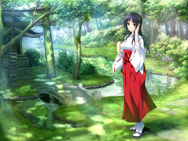 Anime picture 2546x1910 with lovely x cation 2 hibiki works izumi wakoto iizuki tasuku long hair highres black hair brown eyes game cg traditional clothes miko river girl plant (plants) tree (trees) torii