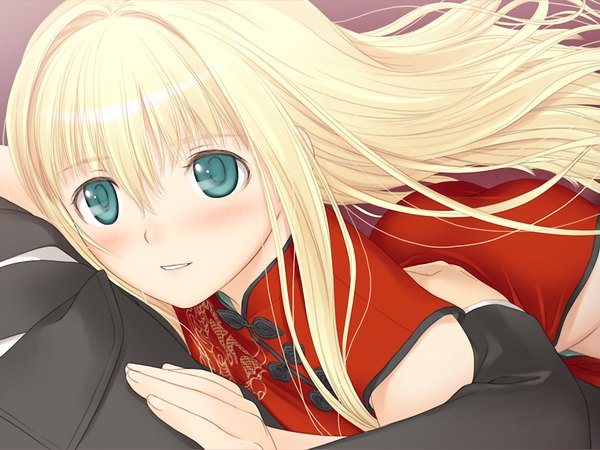 Anime picture 1024x768 with france shoujo shoujo tony taka long hair blush blonde hair green eyes game cg loli chinese clothes girl chinese dress
