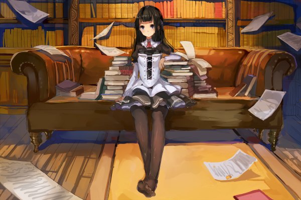 Anime picture 1200x800 with original mitu yang single long hair looking at viewer blush fringe black hair sitting purple eyes indoors no shoes falling girl skirt book (books) couch paper shelf bookshelf