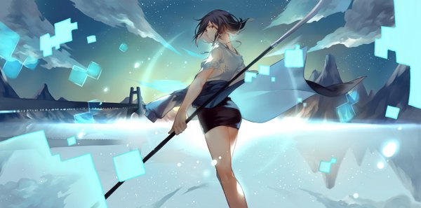 Anime picture 1411x700 with kyoukai no kanata kyoto animation nase izumi joseph lee single looking at viewer short hair brown hair wide image sky cloud (clouds) looking back wind black eyes legs reflection mountain river girl weapon