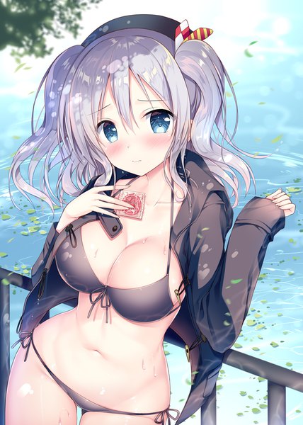 Anime picture 850x1190 with kantai collection kashima training cruiser sousouman single long hair tall image looking at viewer blush fringe breasts blue eyes light erotic hair between eyes large breasts twintails silver hair open clothes open jacket wet embarrassed