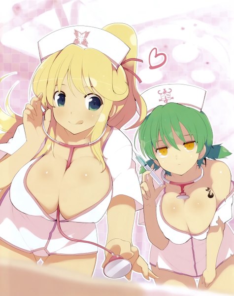 Anime picture 4194x5295 with senran kagura katsuragi (senran kagura) hikage (senran kagura) yaegashi nan long hair tall image highres short hair breasts blue eyes light erotic blonde hair smile large breasts twintails bare shoulders multiple girls holding yellow eyes looking away