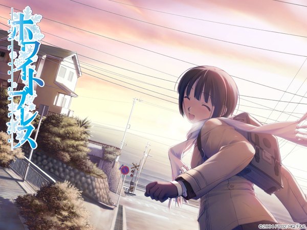 Anime picture 1600x1200 with white breath ichinose mio (white breath) hashimoto takashi single short hair open mouth brown hair outdoors eyes closed :d copyright name exhalation running street soft beauty railroad crossing girl gloves scarf building (buildings)