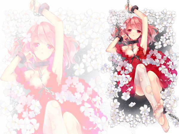 Anime picture 1700x1280 with inu x boku ss david production roromiya karuta 041 looking at viewer light erotic simple background red eyes white background pink hair lying pink eyes barefoot armpit (armpits) on back leg lift (legs lift) zoom layer girl thighhighs dress