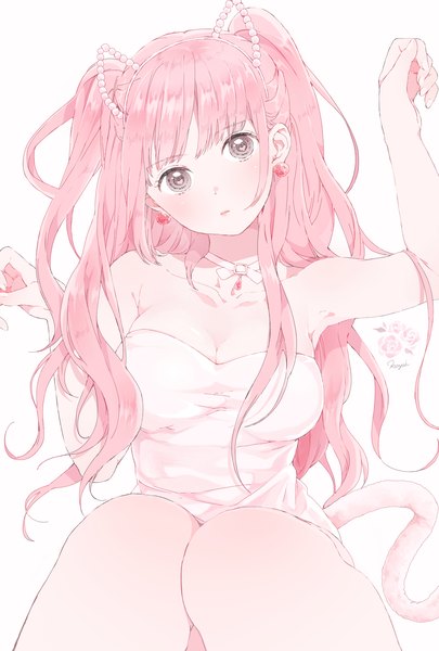 Anime picture 1378x2039 with original shizuko (chipccchip) single long hair tall image looking at viewer blush fringe breasts simple background large breasts white background sitting twintails bare shoulders brown eyes signed animal ears pink hair cleavage