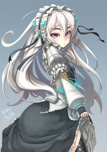 Anime picture 566x800 with hitsugi no chaika studio bones chaika trabant niwa zen single long hair tall image looking at viewer fringe simple background hair between eyes purple eyes holding signed white hair parted lips :o shadow zettai ryouiki puffy sleeves