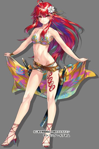 Anime picture 1000x1500 with tenkyou no alderamin yatorishino xam sanbasou single long hair tall image looking at viewer blush fringe breasts simple background smile red eyes standing bare shoulders ahoge red hair hair flower grey background official art