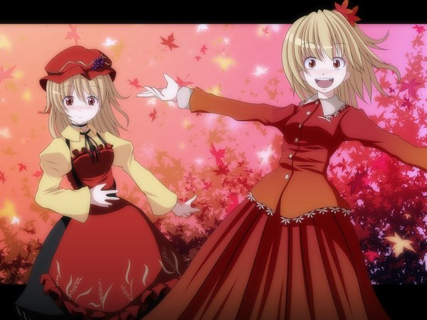 Anime picture 1600x1200 with touhou aki minoriko aki shizuha s-syogo looking at viewer short hair open mouth blonde hair smile multiple girls brown eyes spread arms girl dress 2 girls leaf (leaves) bonnet