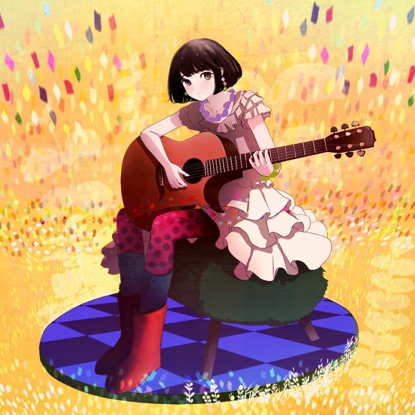 Anime picture 1200x1200 with original felt (lidsan) single short hair brown hair brown eyes girl dress earrings shoes guitar