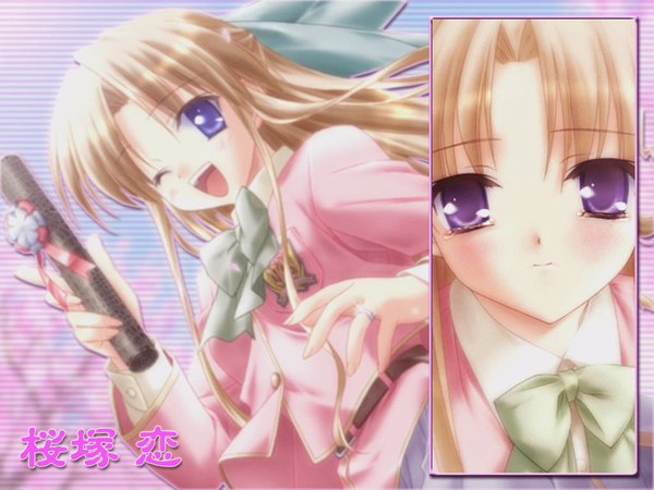 Anime picture 1024x768 with canvas (anime) sakurazuka ren long hair looking at viewer blush open mouth blonde hair purple eyes :d one eye closed multiview third-party edit graduation girl