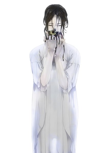 Anime picture 874x1240 with original hitaki azami single tall image short hair black hair simple background standing white background holding black eyes looking down sad boy