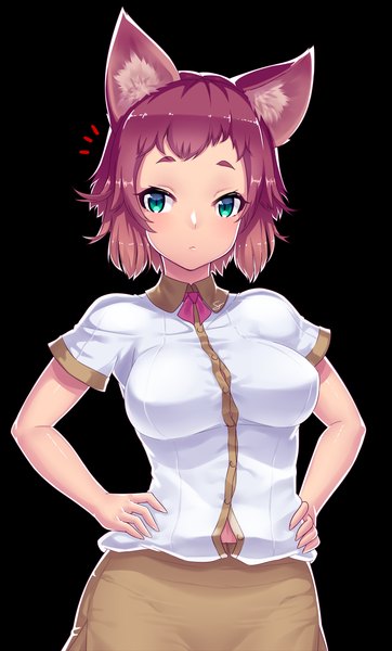 Anime picture 1000x1658 with original dev (dev0614) single tall image blush short hair simple background green eyes animal ears looking away pink hair cat ears black background hands on hips cat eyes girl