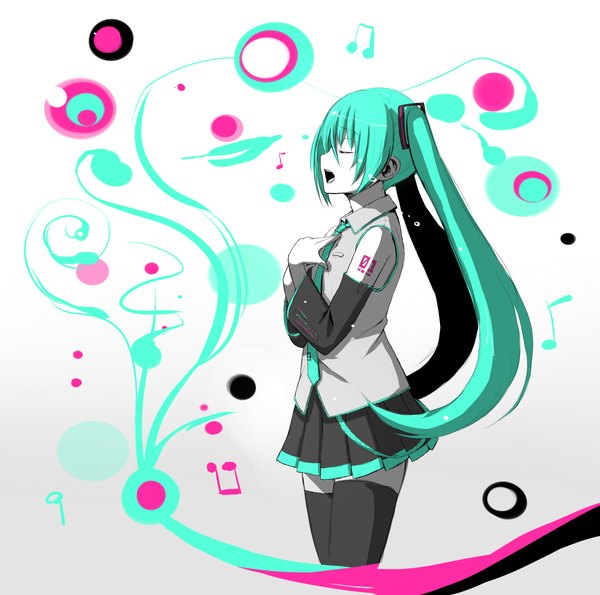 Anime picture 1346x1337 with vocaloid hatsune miku hiraga matsuri long hair open mouth twintails eyes closed profile aqua hair tears singing music girl thighhighs black thighhighs detached sleeves necktie