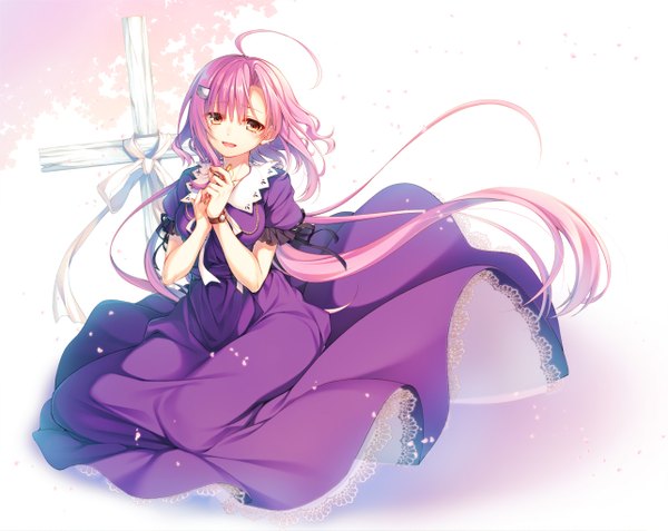 Anime picture 1286x1023 with gakkou gurashi! sakura megumi toosaka asagi single long hair looking at viewer fringe open mouth hair between eyes pink hair full body wind orange eyes girl dress cross clock pocket watch cross necklace