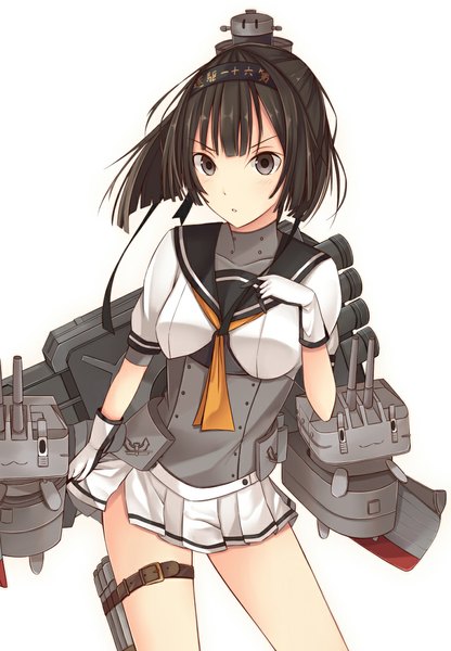 Anime picture 771x1111 with kantai collection akizuki destroyer chou-10cm-hou-chan akizuki (kantai collection) choujuucentihou-chan choujuusenchihou-chan kanpyo (hghgkenfany) tall image looking at viewer short hair black hair simple background white background grey eyes girl gloves ribbon (ribbons) hair ribbon belt white gloves