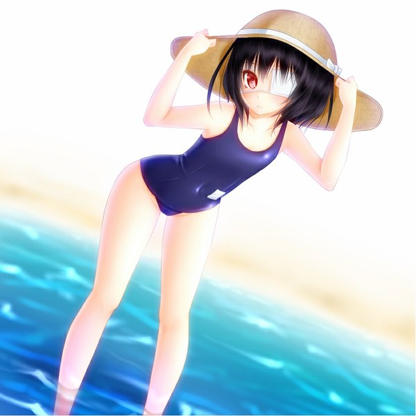 Anime picture 827x827 with another p.a. works misaki mei noppi (noppi 98) single looking at viewer blush short hair breasts light erotic black hair red eyes legs flat chest girl swimsuit hat water one-piece swimsuit eyepatch