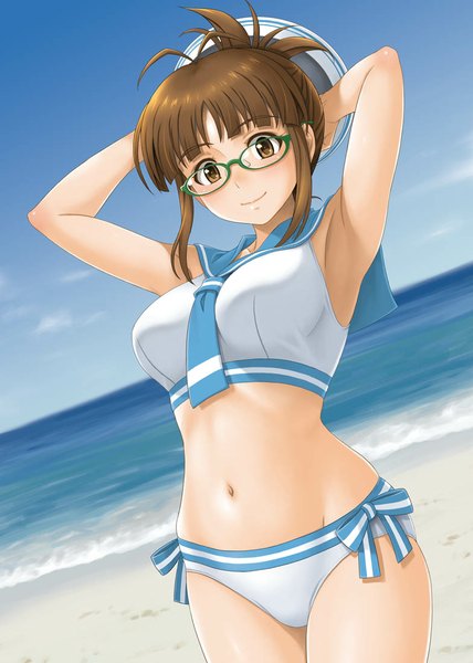 Anime picture 784x1100 with idolmaster akizuki ritsuko hida tatsuo single tall image looking at viewer short hair light erotic smile brown hair brown eyes sky beach sailor swimsuit (idolmaster) girl navel swimsuit glasses sea