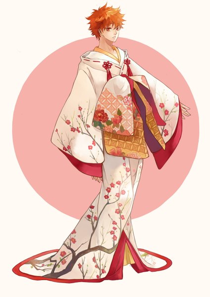 Anime picture 2480x3507 with haikyuu!! production i.g hinata shouyou kibi single tall image looking at viewer fringe highres short hair standing traditional clothes japanese clothes orange hair wide sleeves orange eyes alternate costume spiked hair boy kimono