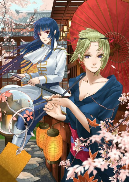 Anime picture 1314x1858 with gintama sunrise (studio) tsukuyo (gintama) imai nobume gu-ko citemer long hair tall image looking at viewer short hair blonde hair smile red eyes purple eyes multiple girls blue hair traditional clothes japanese clothes cherry blossoms girl uniform
