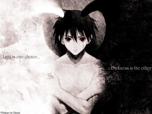 Anime picture 1280x960 with shining (series) shining tears xion magus tony taka single looking at viewer short hair black hair red eyes inscription tears crossed arms third-party edit shirtless bloody tears boy wings blood