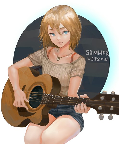 Anime picture 825x1000 with original canking single tall image looking at viewer fringe short hair blue eyes simple background brown hair girl choker guitar clothes