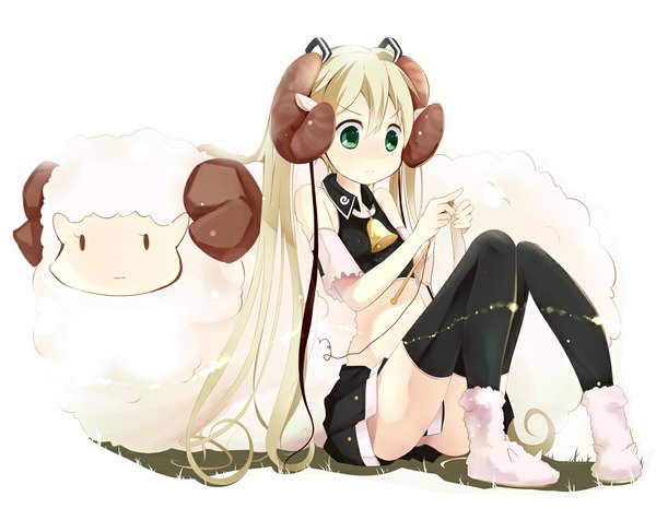 Anime picture 1000x813 with original taicho128 blonde hair twintails green eyes very long hair horn (horns) girl thighhighs skirt black thighhighs miniskirt animal