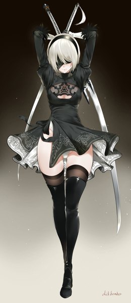 Anime picture 1200x2760 with nier nier:automata yorha no. 2 type b leewh1515 single tall image fringe short hair breasts light erotic simple background standing signed white hair light smile mole arms up puffy sleeves gradient background arms behind head