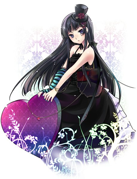 Anime picture 900x1179 with k-on! kyoto animation akiyama mio yukian single long hair tall image black hair bare shoulders girl dress hat heart