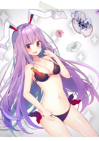 Anime picture 1750x2489 with touhou reisen udongein inaba koto seori single long hair tall image looking at viewer blush fringe highres breasts open mouth light erotic hair between eyes red eyes animal ears purple hair bunny ears hand on hip girl