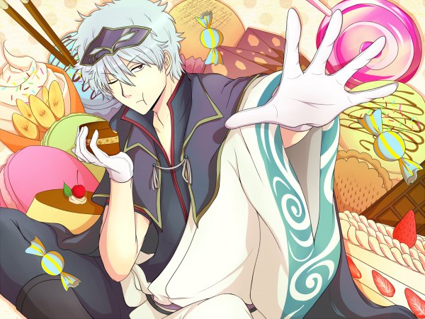 Anime picture 1200x900 with gintama sunrise (studio) sakata gintoki mizuki (pixiv 915162) single short hair red eyes blue hair one eye closed wink outstretched arm eating boy gloves food sweets mask berry (berries) candy cake