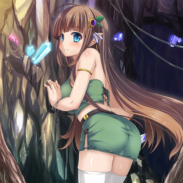 Anime picture 1000x1000 with original kazumasa single long hair blush blue eyes smile brown hair bare shoulders pointy ears girl thighhighs dress hair ornament white thighhighs crystal