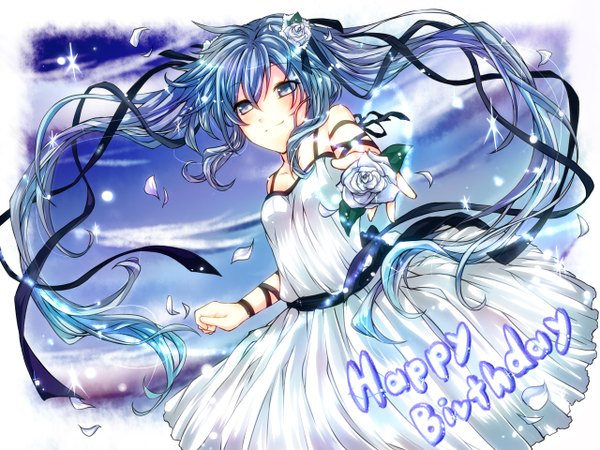 Anime picture 2560x1920 with vocaloid hatsune miku long hair highres blue eyes twintails blue hair hair flower outstretched arm happy birthday girl dress hair ornament flower (flowers) petals rose (roses)