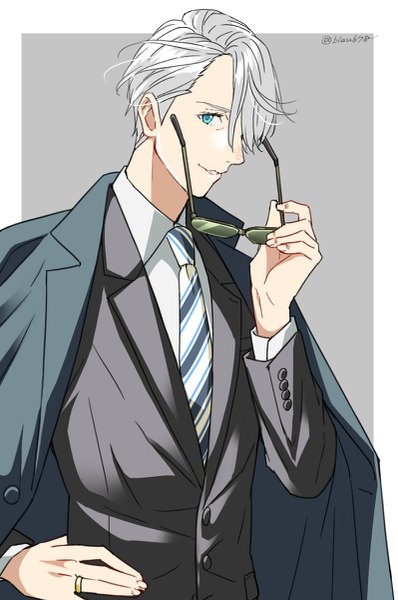 Anime picture 797x1200 with yuri!!! on ice mappa viktor nikiforov natsuko (bluecandy) single tall image looking at viewer fringe short hair blue eyes simple background smile silver hair profile hair over one eye grey background hand on hip framed clothes on shoulders formal