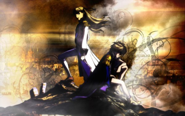 Anime picture 1920x1200 with mobile suit gundam gundam wing sunrise (studio) heero yuy relena peacecraft long hair highres short hair blonde hair brown hair wide image sitting traditional clothes girl boy boots cloak