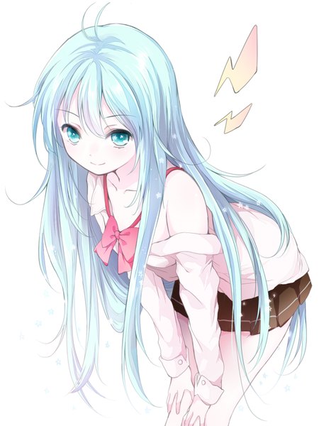 Anime picture 624x832 with denpa onna to seishun otoko shaft (studio) touwa erio yatomi single long hair tall image looking at viewer fringe blue eyes simple background smile white background ahoge pleated skirt aqua hair off shoulder leaning leaning forward girl
