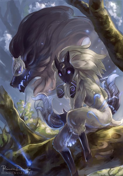 Anime picture 700x1000 with league of legends kindred (league of legends) rinrindaishi long hair tall image black hair sitting purple eyes animal ears white hair wolf ears plant (plants) animal tree (trees) mask wolf sheep