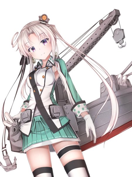 Anime picture 1200x1600 with kantai collection akitsushima seaplane tender waterdog single long hair tall image blush simple background smile white background purple eyes silver hair pleated skirt polka dot girl thighhighs skirt gloves hair ornament ribbon (ribbons)