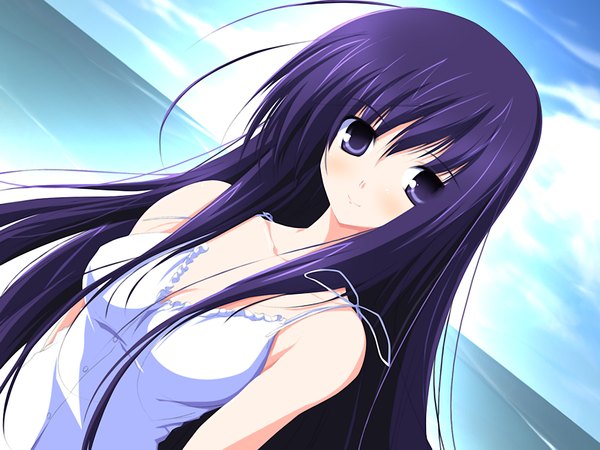 Anime picture 1200x900 with long hair game cg purple hair girl dress water sundress