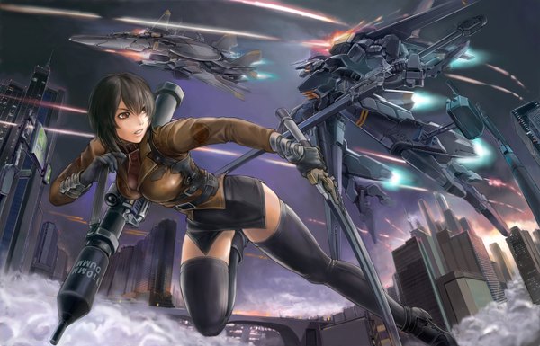 Anime picture 1600x1028 with catch the sky earth sos saeki rei kuratch black hair cloud (clouds) city flying science fiction girl thighhighs gloves weapon miniskirt jacket building (buildings) mecha aircraft airship rocket launcher rpg