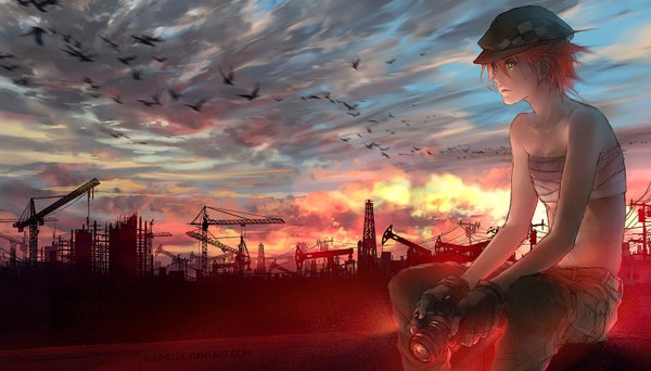 Anime picture 1500x857 with fisheye placebo original robin soloviev yuumei single highres short hair wide image sitting bare shoulders green eyes signed looking away sky cloud (clouds) red hair sunlight bare belly city cityscape